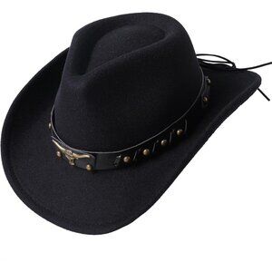 Kid's Black Western Studded Leather Bull Skull Band Classic Fedora Cowboy Hat